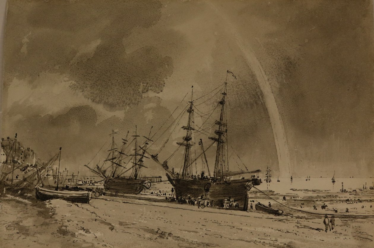 Brighton Beach med en regnbåge: Colliers Unloading, ca 1792 (akvarell på papper) av John Constable
