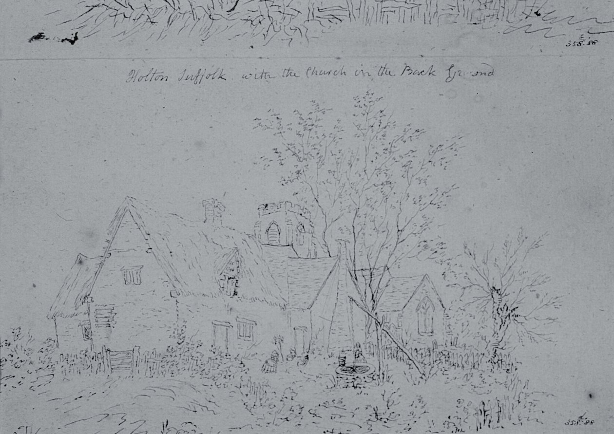 Stuga på Holton med kyrkan i bakgrunden (penna och bläck på papper) av John Constable