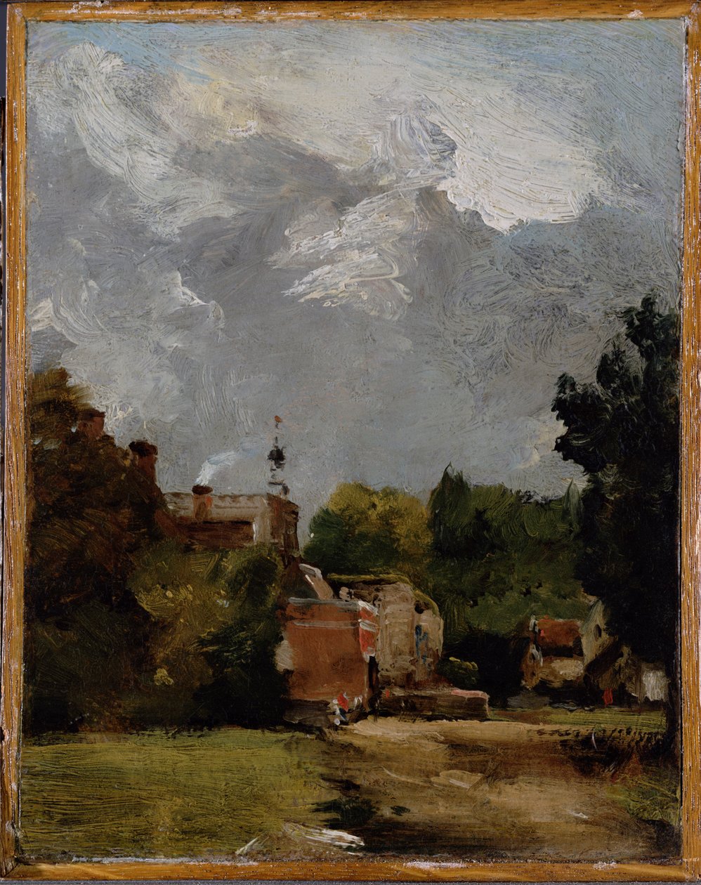 Östra Bergholtskyrkan från Church Street (olja på papper på panel) av John Constable