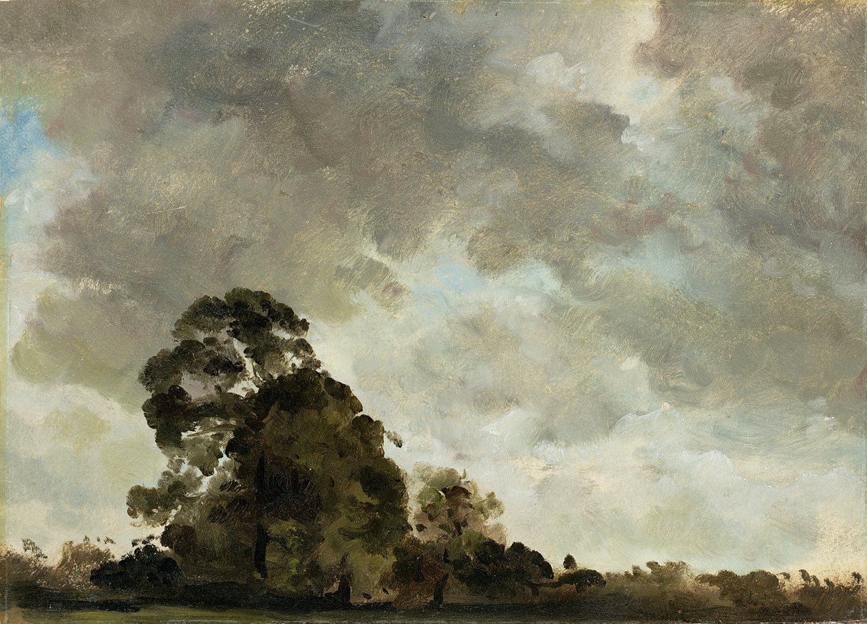 Landskap vid Hampstead, Tree and Storm Clouds, ca 1821 (olja på papper fastställt på panel) av John Constable