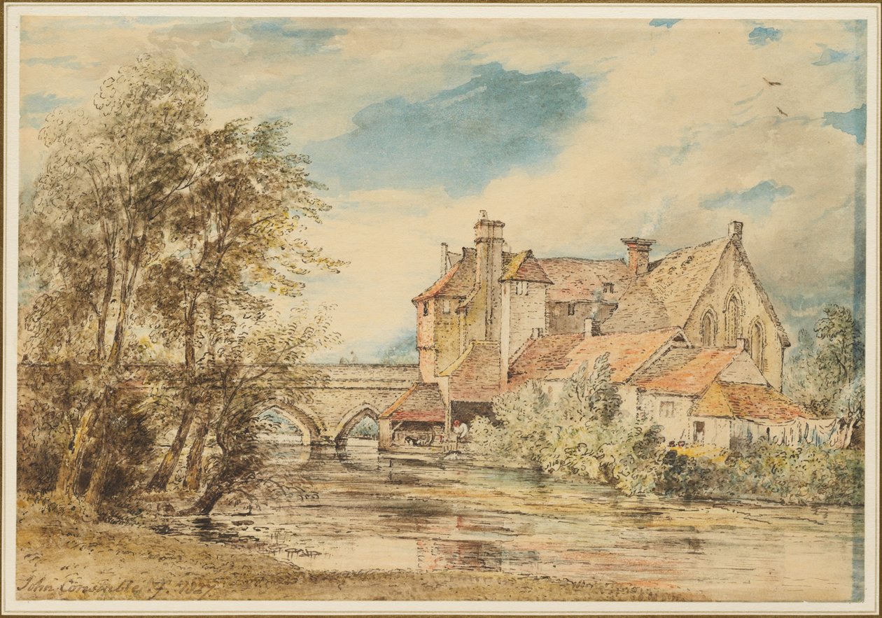 Gamla hus vid Harnam Bridge, Salisbury, med Sankt Nikolaus gamla sjukhus av John Constable