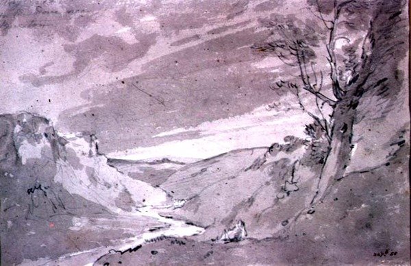 On the Dove nära Buxton, 1801 (penna och sepiatvätt) av John Constable