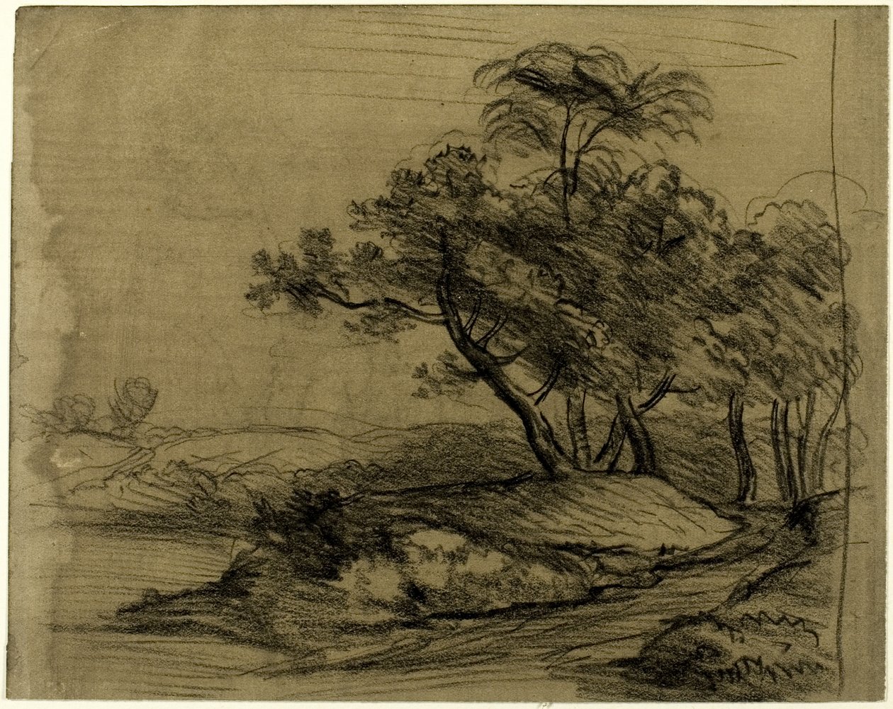 Flodbank med träd (recto); boskapshjord under träd, med infälld skiss av landskap (verso) av John Constable
