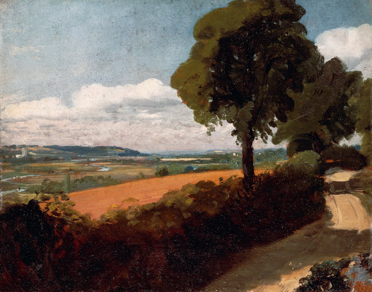Vy från en väg som leder till Östra Bergholt av John Constable
