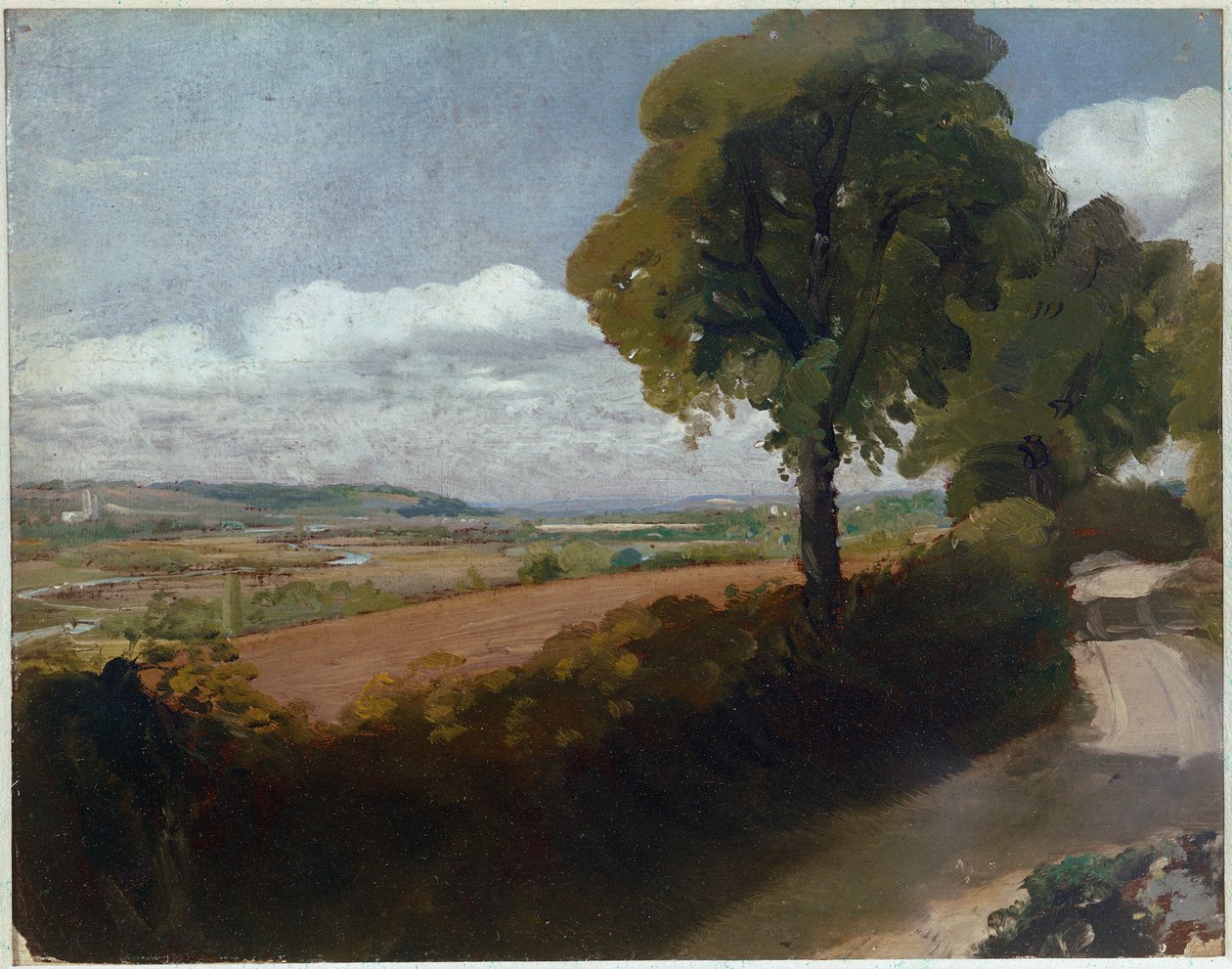 Utsikt över Dedham från körfältet som leder från East Bergholt Church till Flatford (olja på duk av John Constable