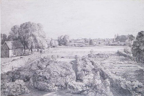 Utsikt över Östra Bergholt över köksträdgården till Golding, konstapelns hus av John Constable