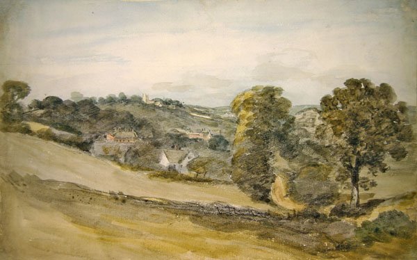 Utsikt mot Langham Church från nära Stratford Road, Dedham (penna och akvarell på papper) av John Constable