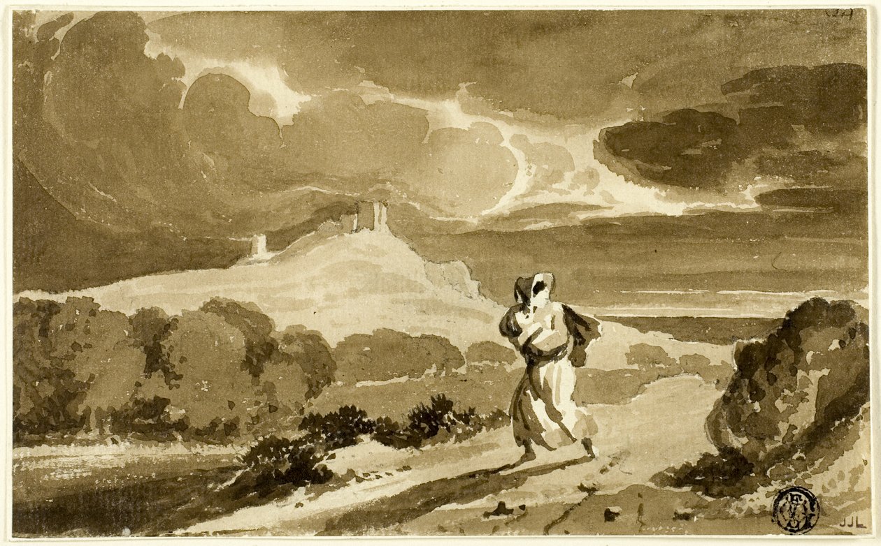 Kvinna med bebis flyr över mossarna av John Constable