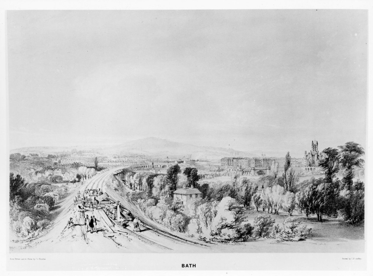 Infarten till Bath Station från öster, från "History of the Great Western Railway", tryckt av C. F. Cheffins, omkring 1846. av John Cooke Bourne