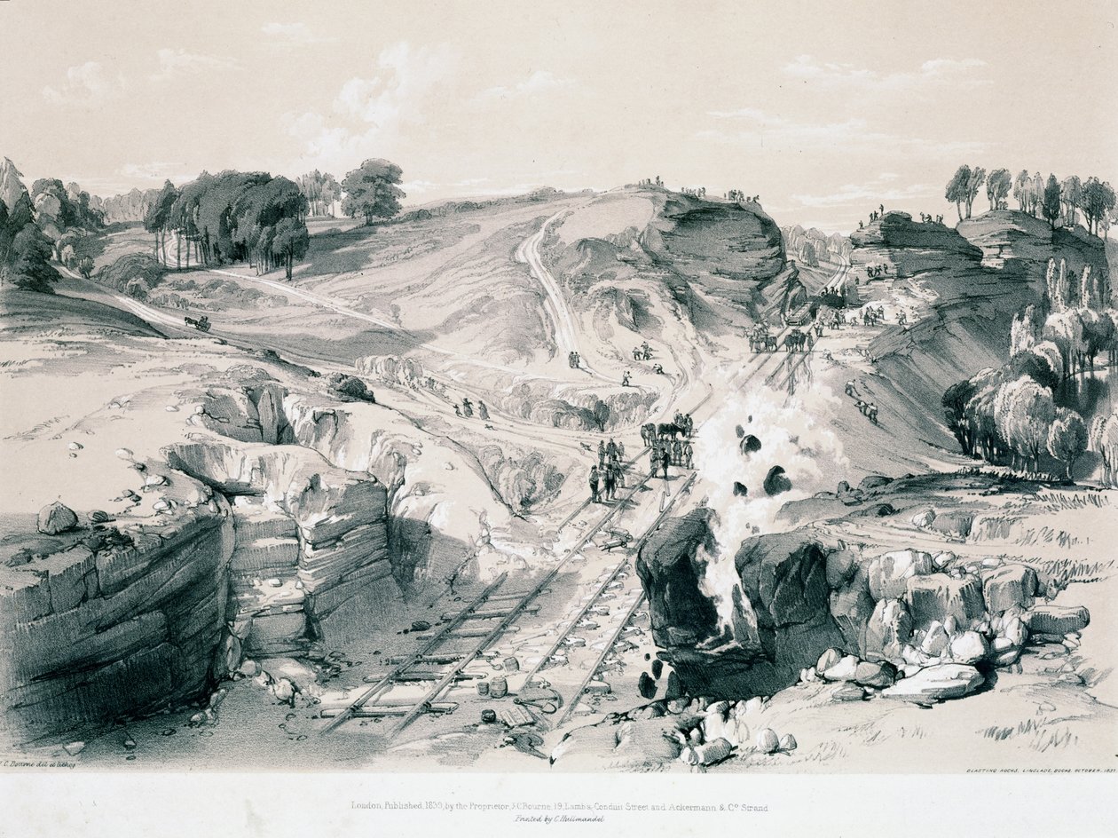 Blästring av stenar, Linsdale, Buckinghamshire, 1830-talet (penna & bläck och tvätt på papper) av John Cooke Bourne
