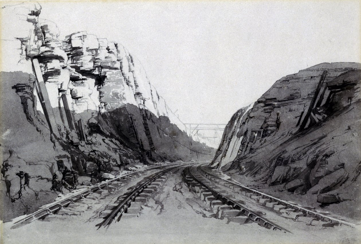 Blisworth Cutting, Northamptonshire, september 1838 (penna och bläck och tvätt på papper) av John Cooke Bourne