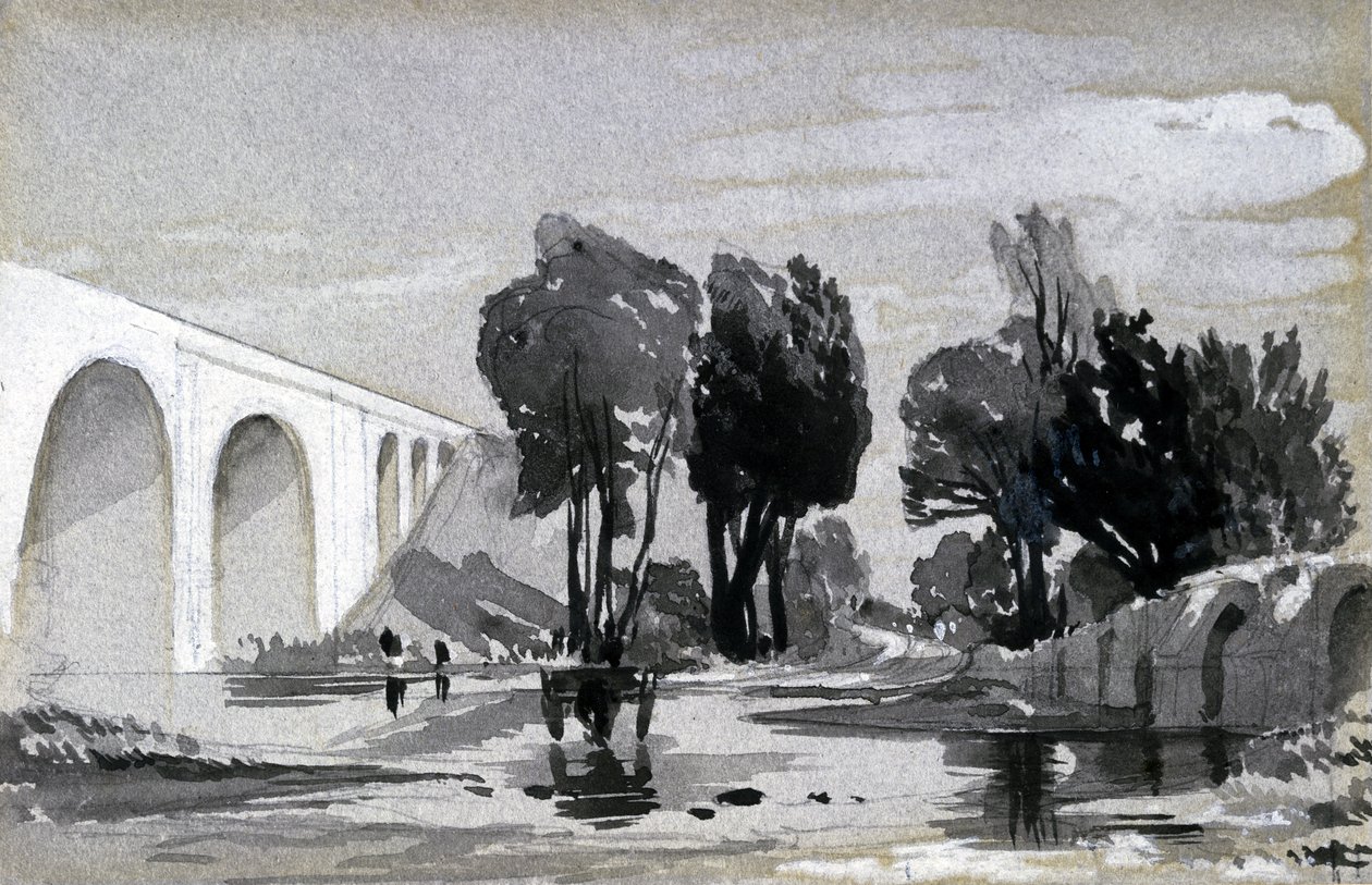 Blythe Viaduct, Hampton-in-Arden, ca 1838 (penna & bläck och tvätt på papper) av John Cooke Bourne