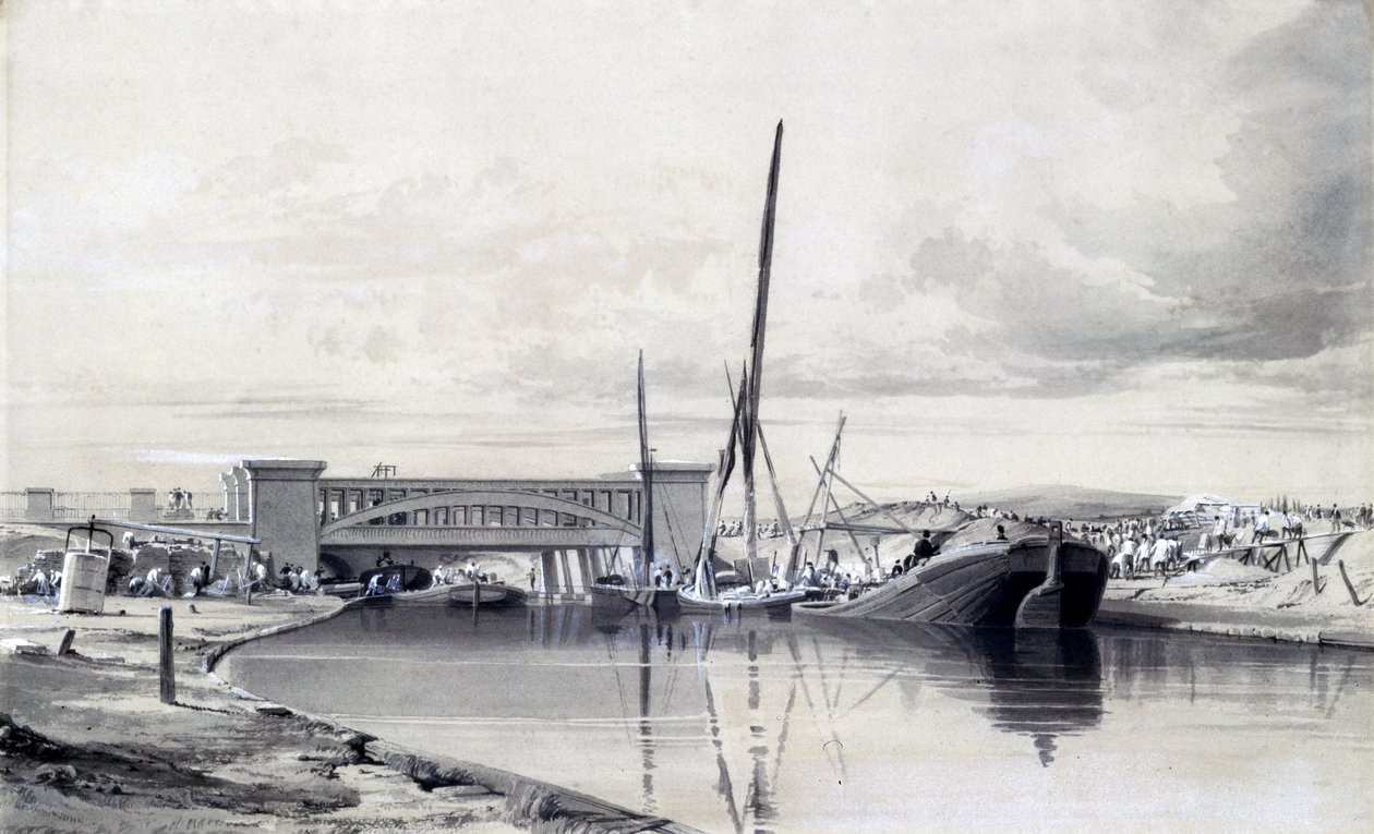Bron över Regents Canal, april 1837 (penna och bläck och tvätt på papper) av John Cooke Bourne