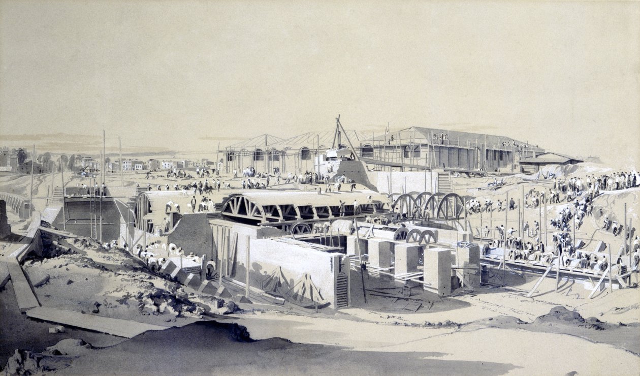 Building the Stationary Engine House, Camden Town, 26 april 1837 (penna & bläck och tvätt på papper) av John Cooke Bourne