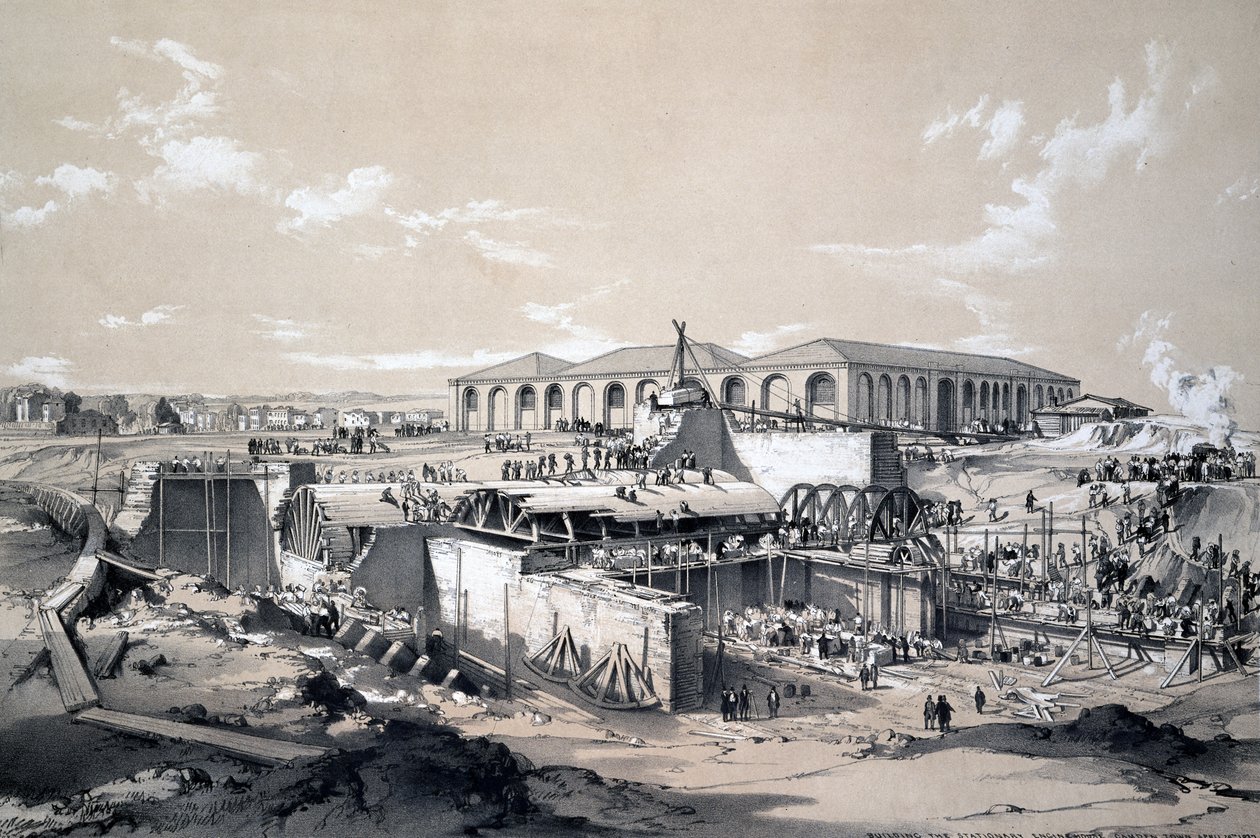 Building the Stationary Engine House, Camden Town, 26 april 1837 (penna & bläck och tvätt på papper) av John Cooke Bourne