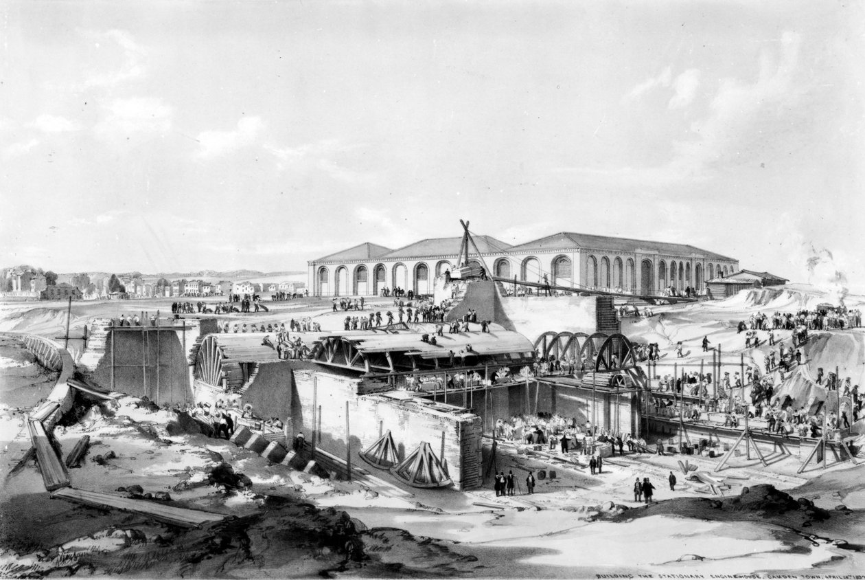 Building the Stationary Engine House, Camden Town, 26 april 1837 (penna och bläck och tvätt på papper) av John Cooke Bourne