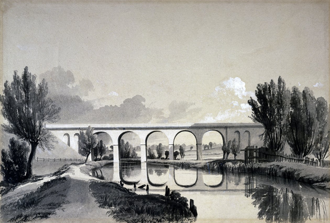 Colne Viaduct, Watford, Hertfordshire, 5 juni 1837 (penna och bläck och tvätt på papper) av John Cooke Bourne