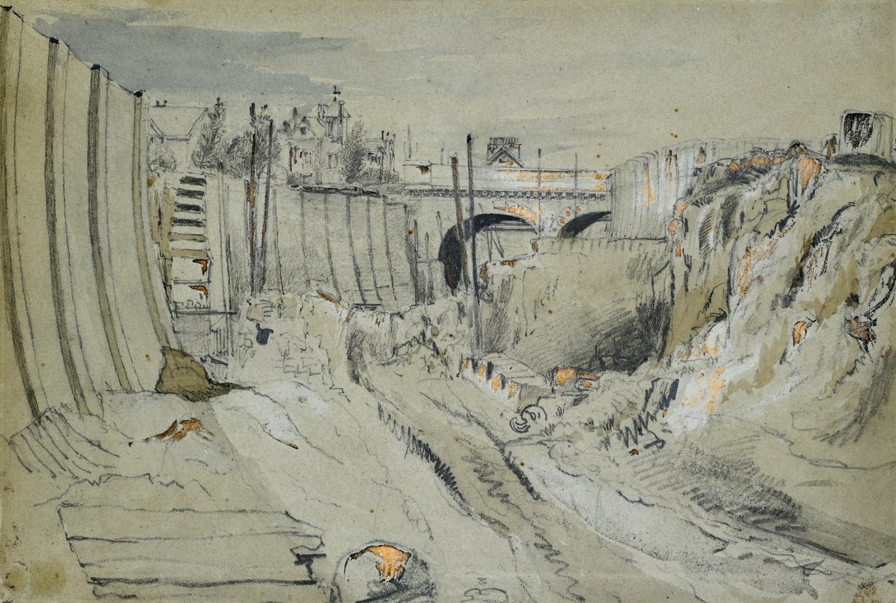 Konstruktion av London och Birmingham Railway, ca 1835 (penna och tvätt på papper) av John Cooke Bourne