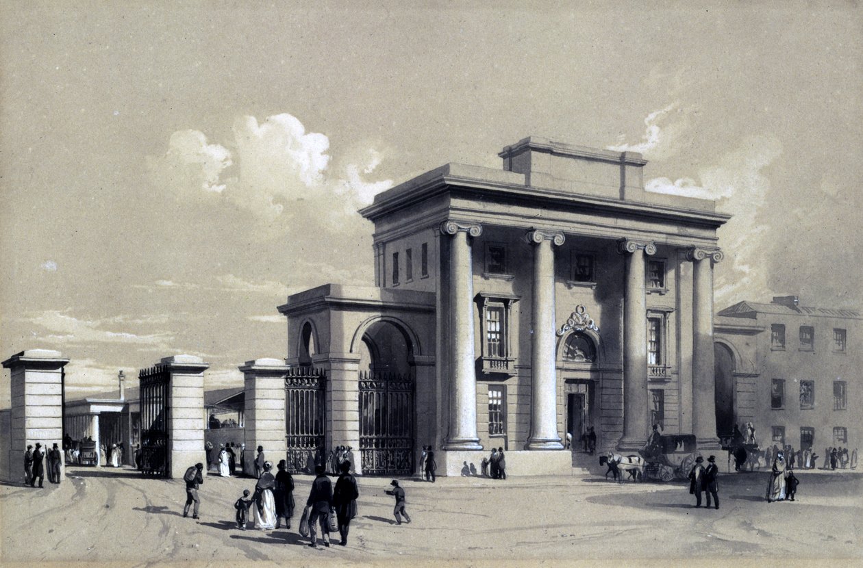 Ingång till Birmingham Station, september 1838 (penna & bläck och tvätt på papper) av John Cooke Bourne