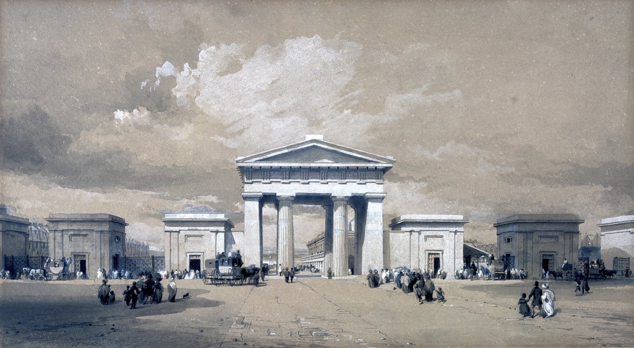 Euston Arch, april 1838 (penna och bläck och tvätt på papper) av John Cooke Bourne