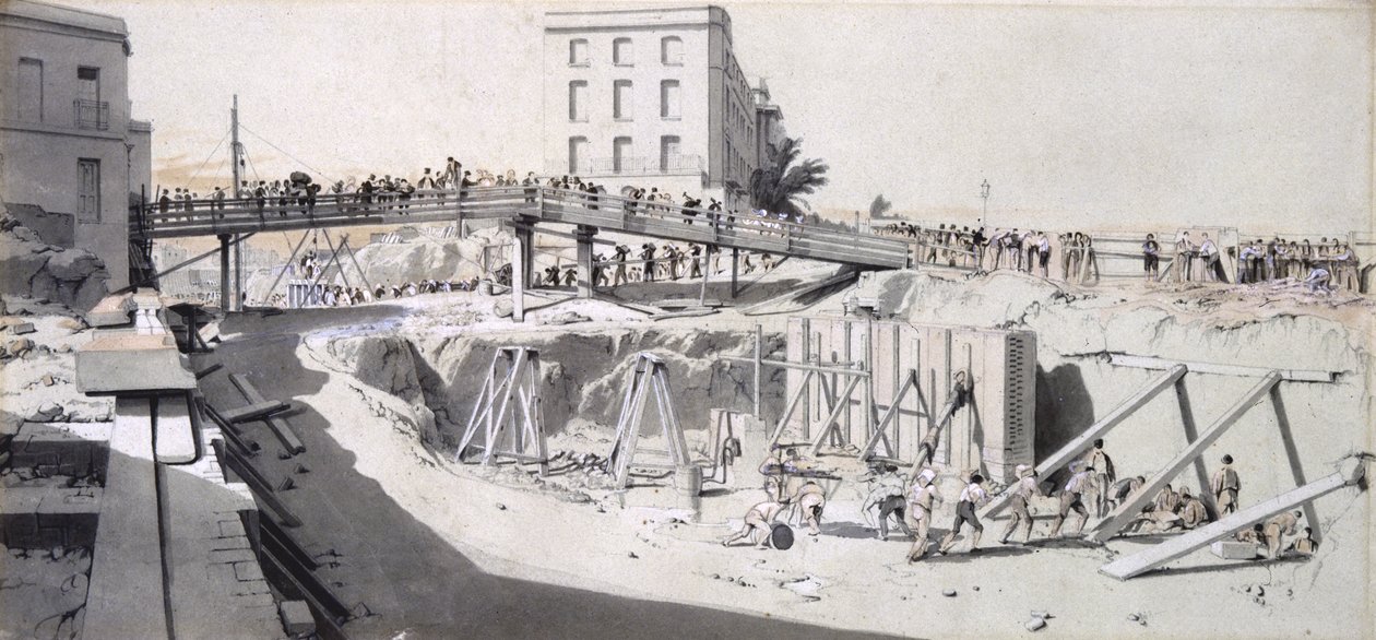 Granby Street, Hampstead Road, 13 augusti 1836 (penna och bläck och tvätt på papper) av John Cooke Bourne