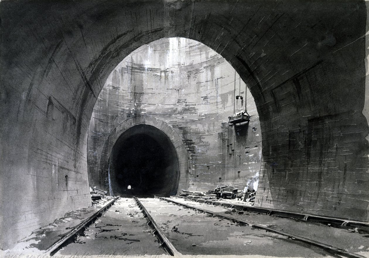 Stort ventilationsschakt, Kilsby Tunnel, Northamptonshire, 1837-38 (penna & bläck och tvätt på papper) av John Cooke Bourne