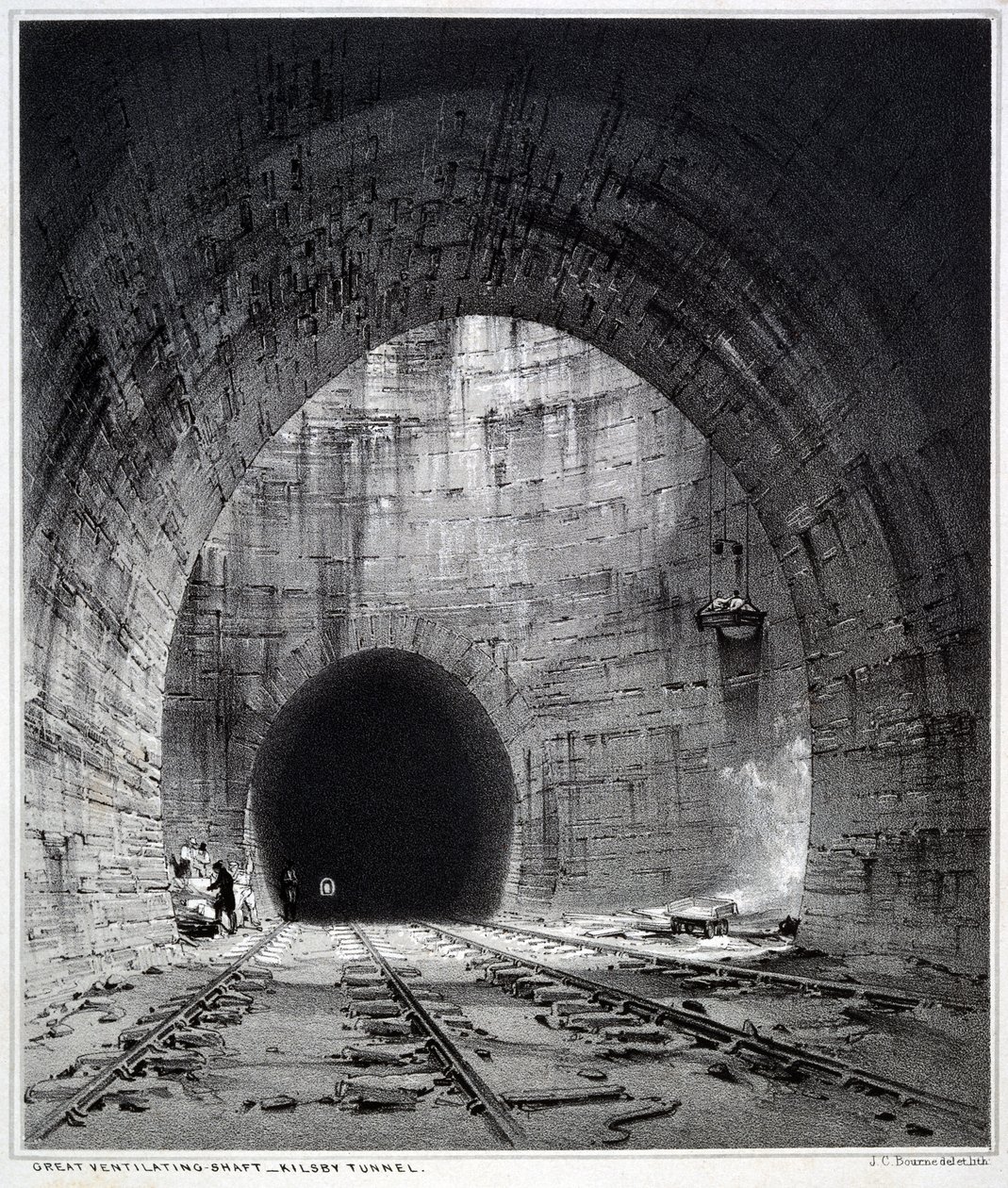 Stort ventilationsschakt, Kilsby Tunnel, Northamptonshire, 1838 (penna & bläck och tvätt på papper) av John Cooke Bourne