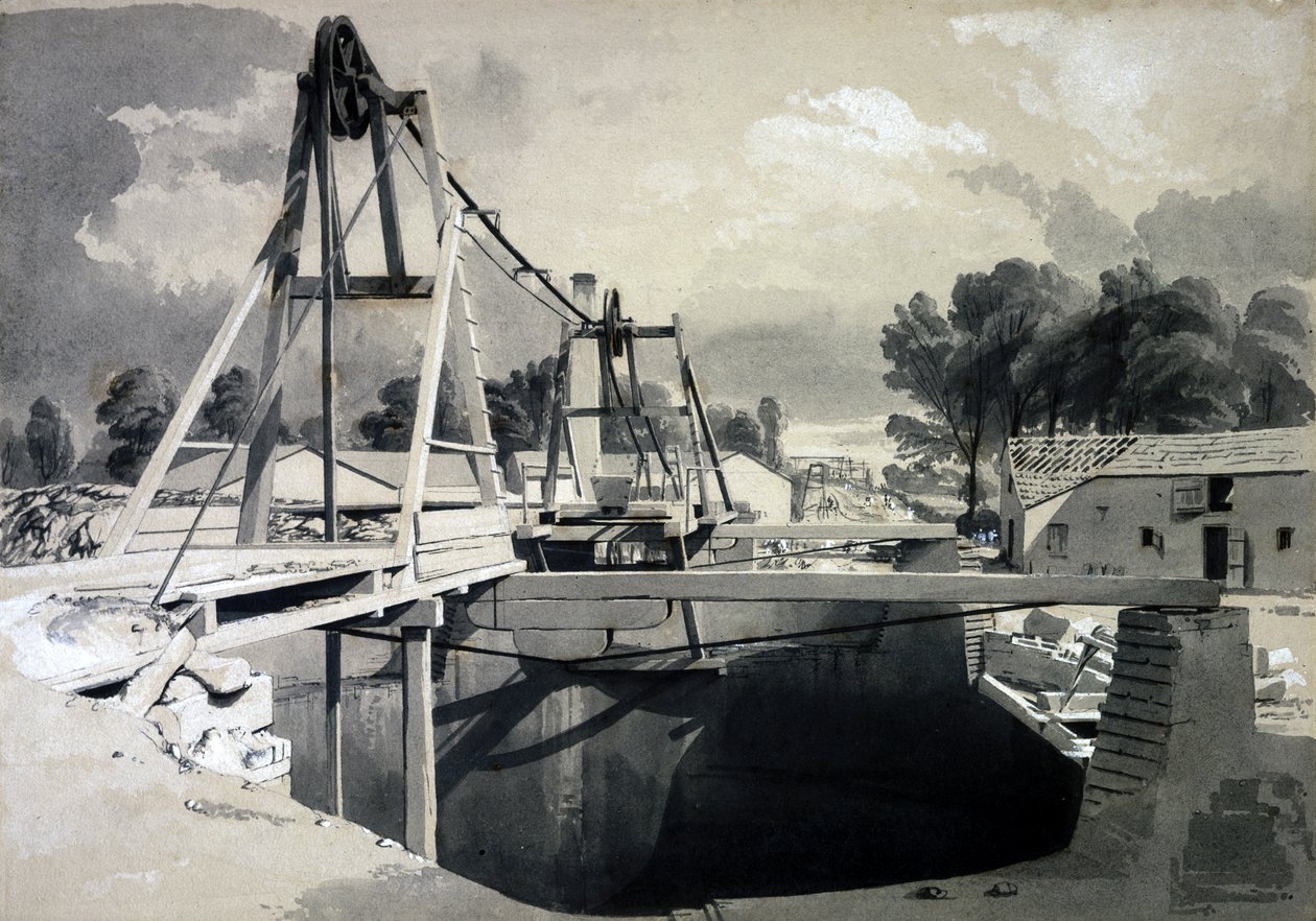 Stort ventilerande skaft och huvudbonader, Kilsby Tunnel, 15 juli 1837 (penna & bläck och tvätt på papper) av John Cooke Bourne
