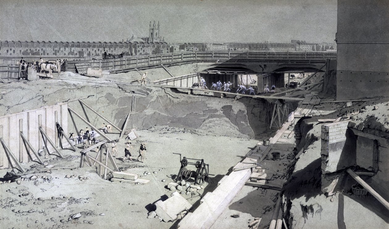Hampstead Road Bridge, från Camden-sidan, 16 augusti 1836 (penna & bläck och tvätt på papper) av John Cooke Bourne