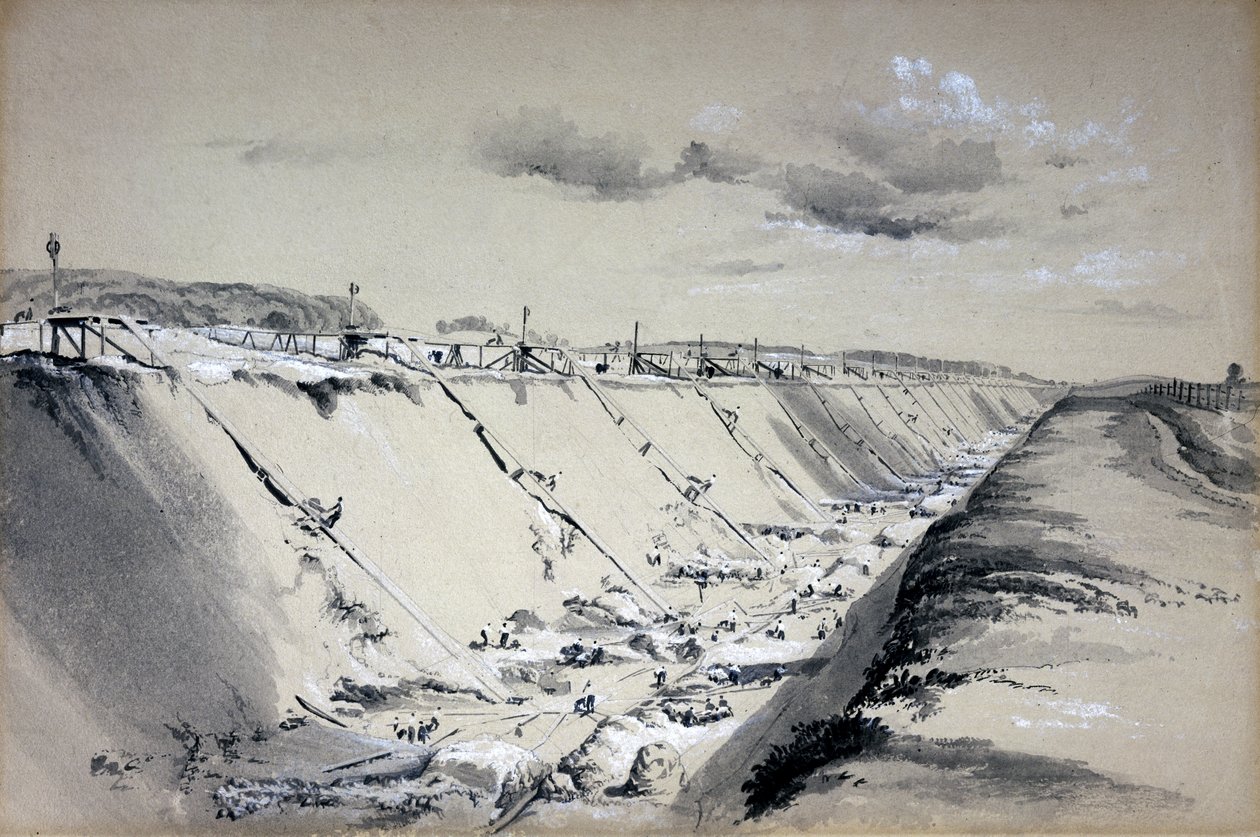 Horse-Runs på Tring Cutting, Hertfordshire, 19 juni 1837 (penna & bläck och tvätt på papper) av John Cooke Bourne