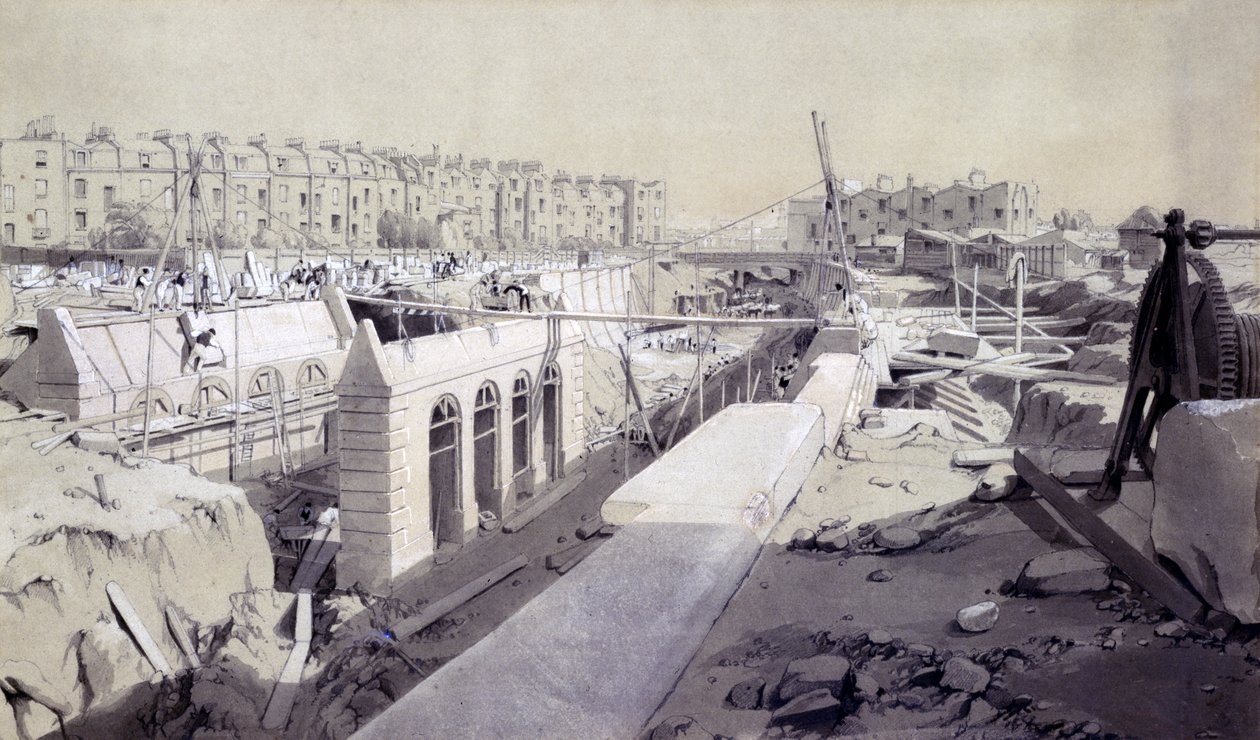 Mornington Crescent - Line under konstruktion, september 1836 (penna & bläck och tvätt på papper) av John Cooke Bourne