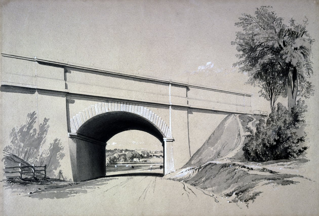 Oblique Bridge, Boxmoor, Hertfordshire, 12 juni 1837 (penna & bläck och tvätt på papper) av John Cooke Bourne