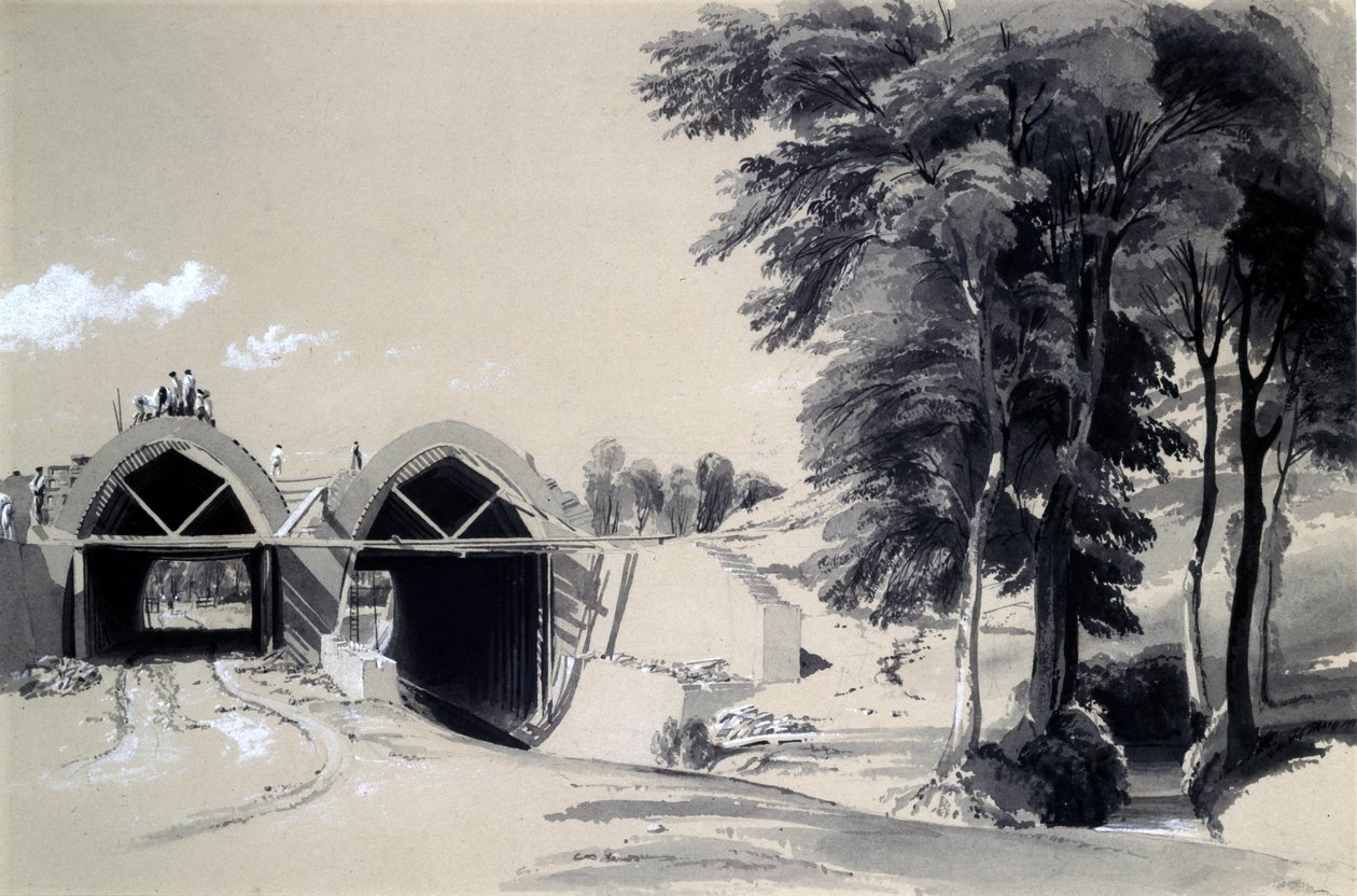 Occupation Bridge, Bugbrooke, Northamptonshire, 9 juli 1837 (penna och bläck och tvätt på papper) av John Cooke Bourne