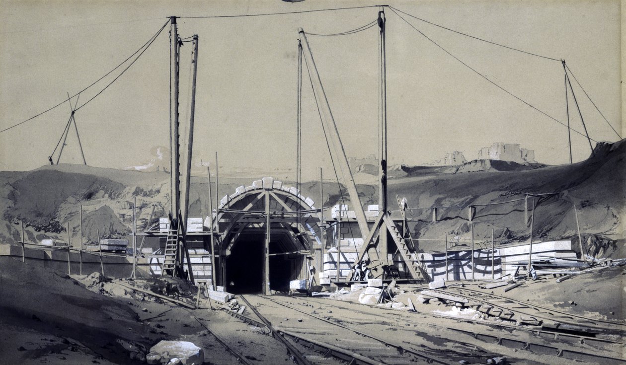 Primrose Hill Tunnel, april 1837 (penna & bläck och tvätt på papper) av John Cooke Bourne