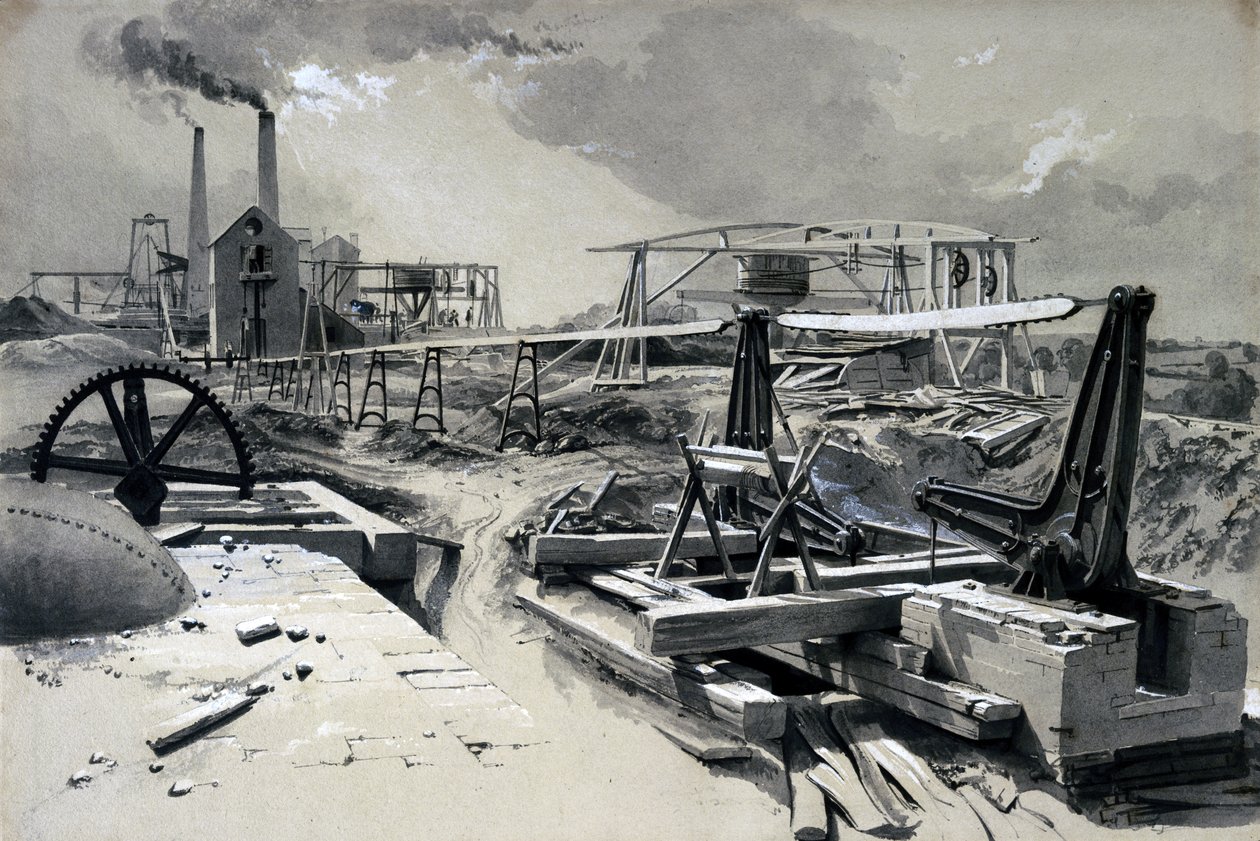 Pumpar, ventilationsschakt, Kilsby Tunnel, Northamptonshire, 15 juli 1837 (penna & bläck och tvätt på papper) av John Cooke Bourne
