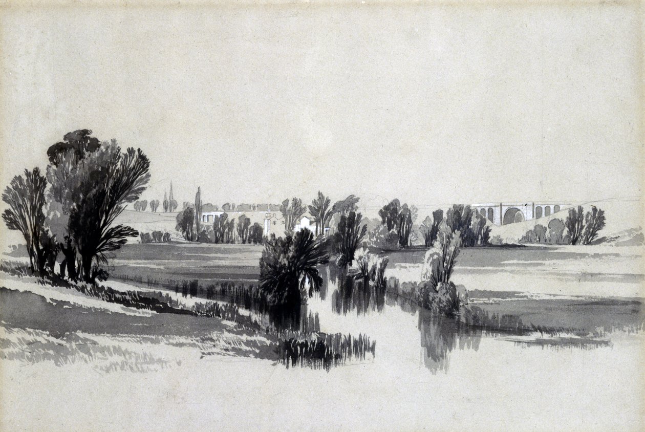 River Sowe, nära Coventry, maj 1839 (penna & bläck och tvätt på papper) av John Cooke Bourne