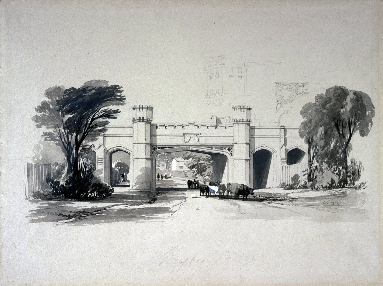 Rugbyjärnvägsbroar sett från vägen, Warwickshire, april 1839 (penna & bläck och tvätt på papper) av John Cooke Bourne