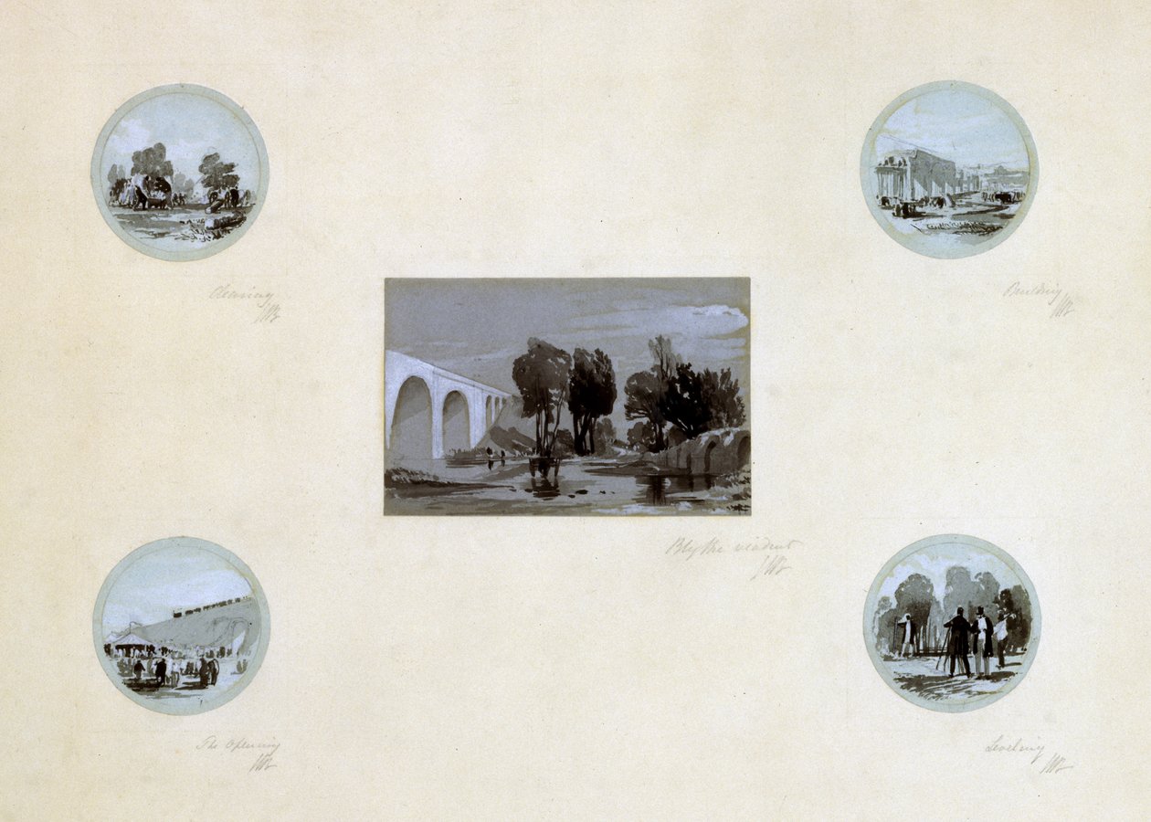 Rengöring, byggande, utjämning och öppning av LBR, c.1838 (penna & bläck och tvätt på papper) av John Cooke Bourne