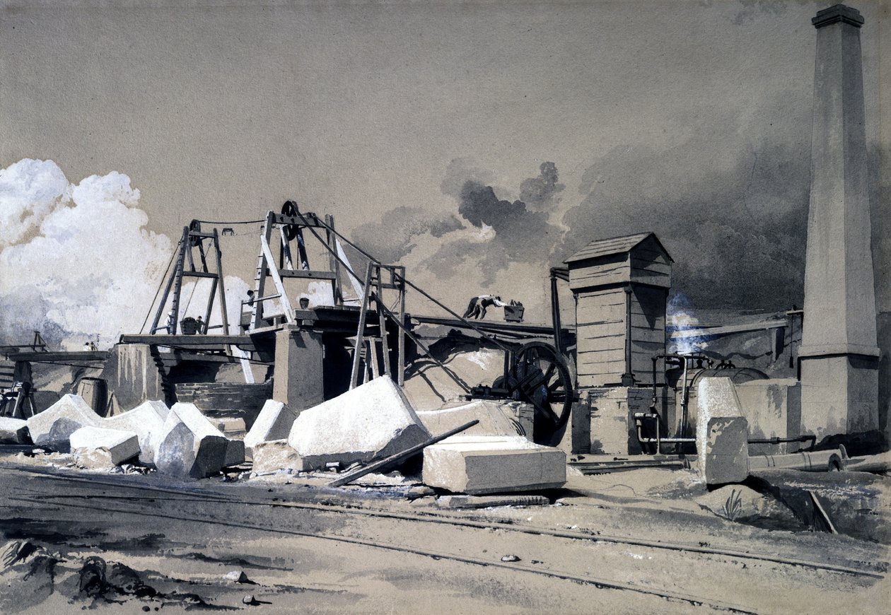 Ventilationsaxel och lindningsmotor, Kilsby Tunnel, 18 juli 1837 (penna & in och tvätt på papper) av John Cooke Bourne