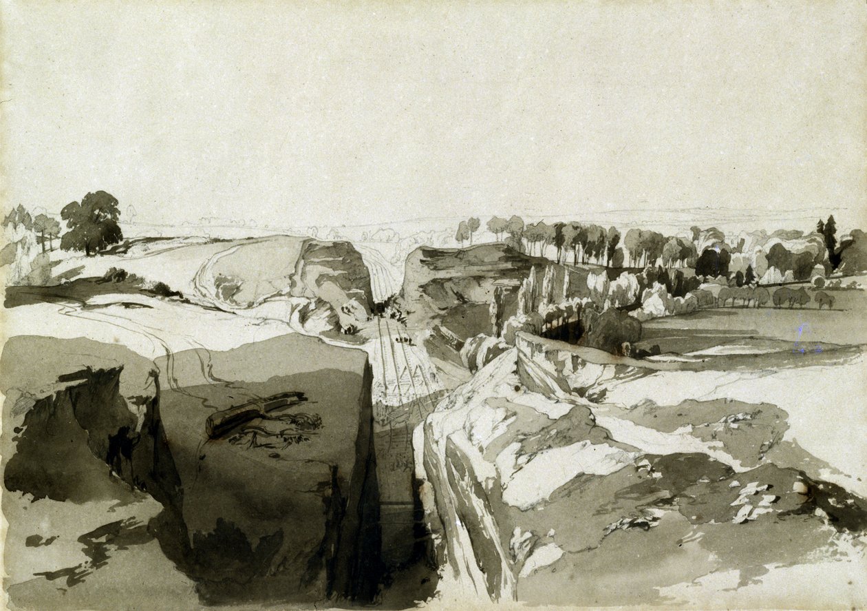 Utsikt från toppen av tunneln, Linslade, Buckinghamshire, 12 oktober 1837 (penna & bläck och tvätt på papper) av John Cooke Bourne