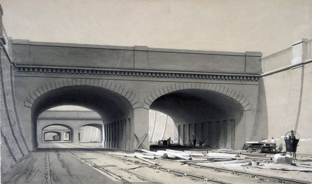 Utsikt nära Euston Station med tre överbryggar, september 1837 (penna & bläck och tvätt på papper) av John Cooke Bourne
