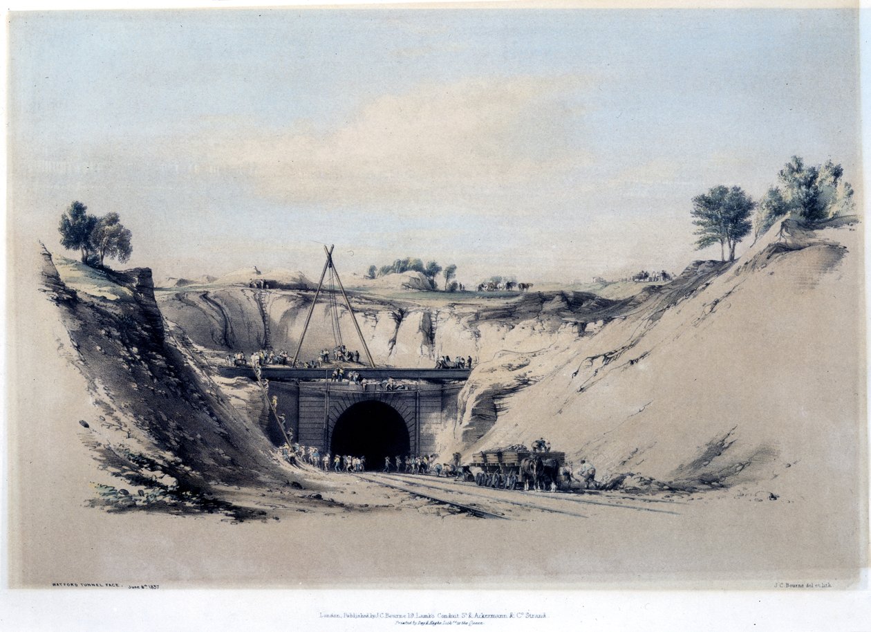 Watford Tunnel, Hertfordshire, 6 juni 1837 (färg lith) av John Cooke Bourne