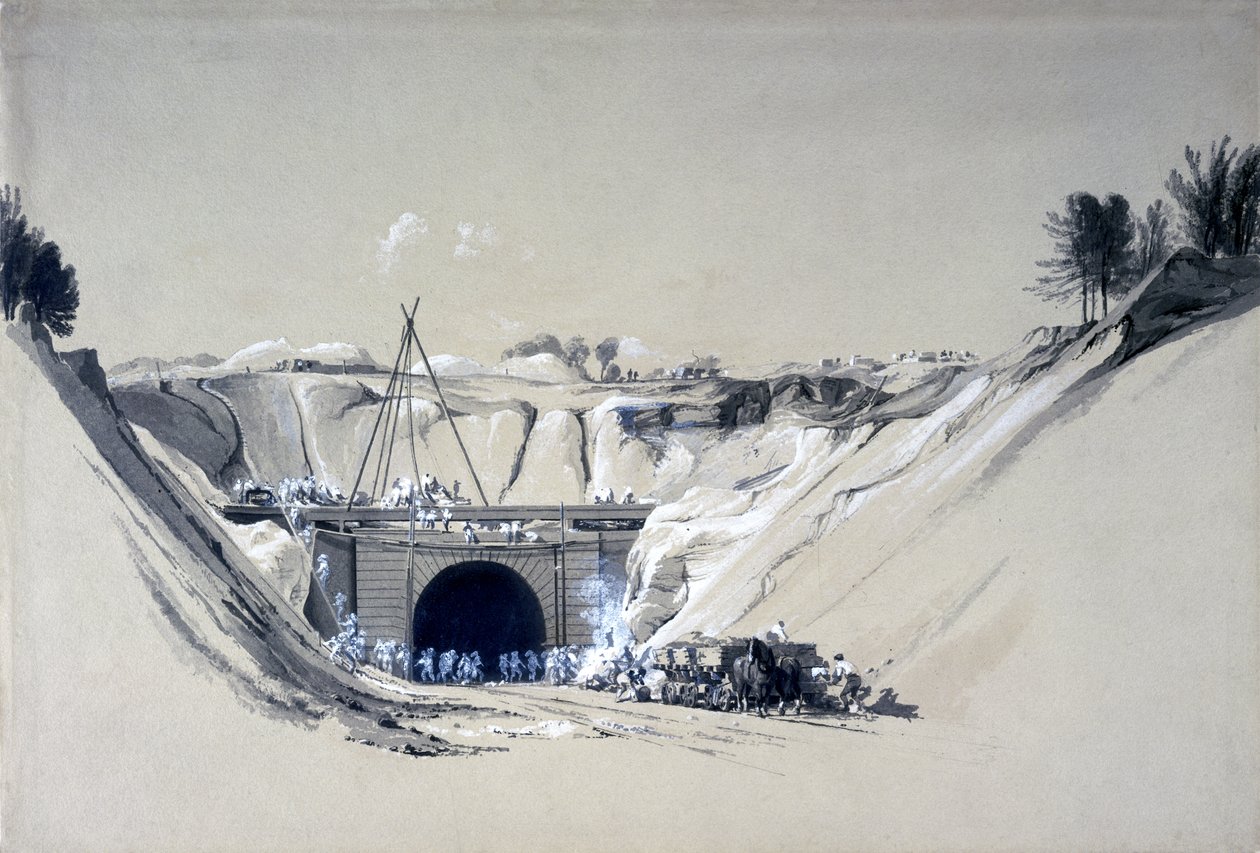 Watford Tunnel, Hertfordshire, 6 juni 1837 (penna och bläck och tvätt på papper) av John Cooke Bourne