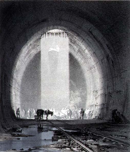 Arbetande schakt, Kilsbytunnel, 8 juli 1837, graverad av konstnären av John Cooke Bourne