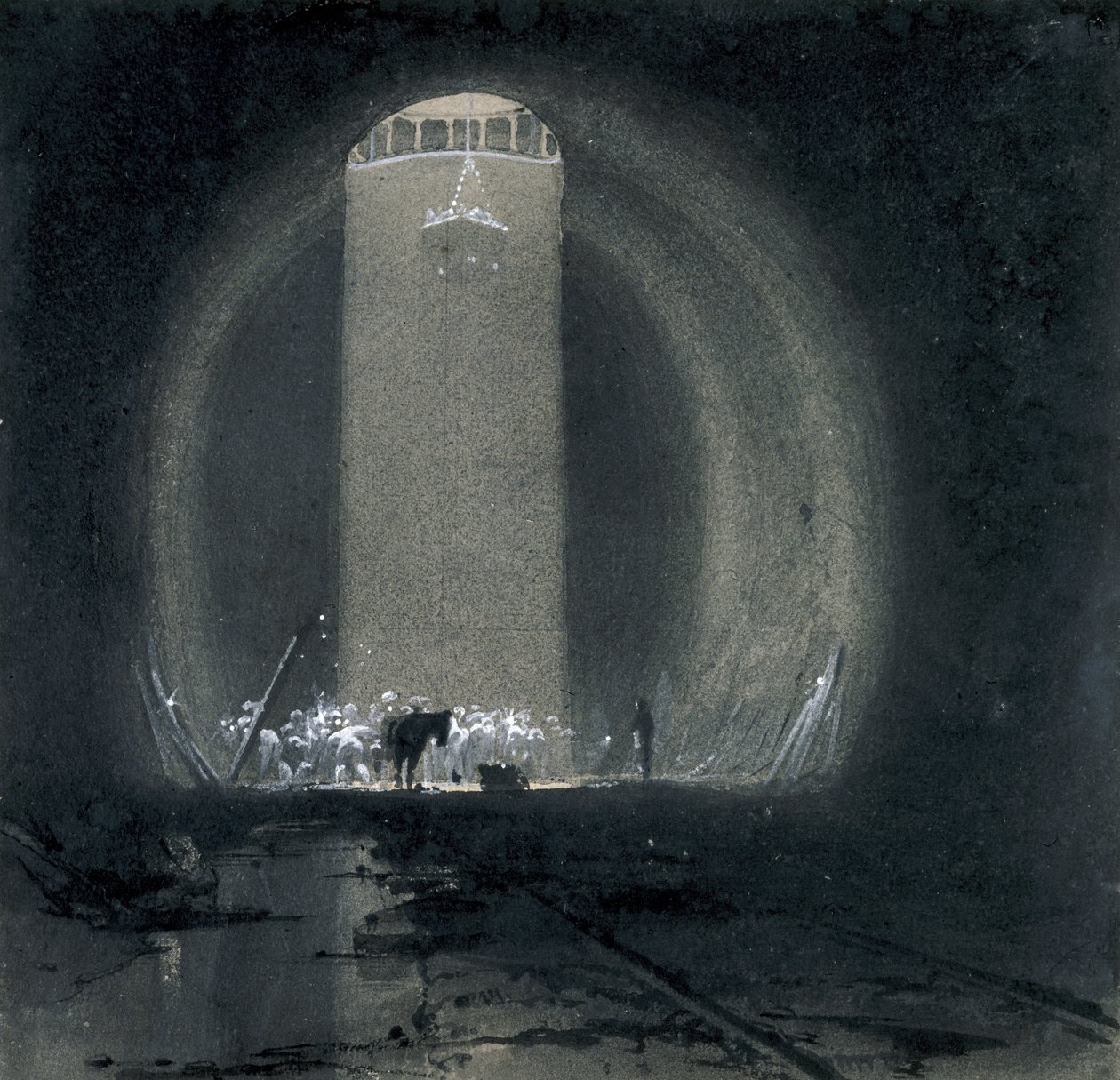 Arbetsschakt, Kilsby Tunnel, Northamptonshire, 8 juli 1837 (penna & bläck och tvätt på papper) av John Cooke Bourne