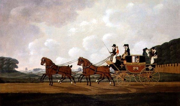 Herrarna Richard Costar och Christopher Ibbersons Ludlow till Worcester Mail Coach on the Road av John Cordrey