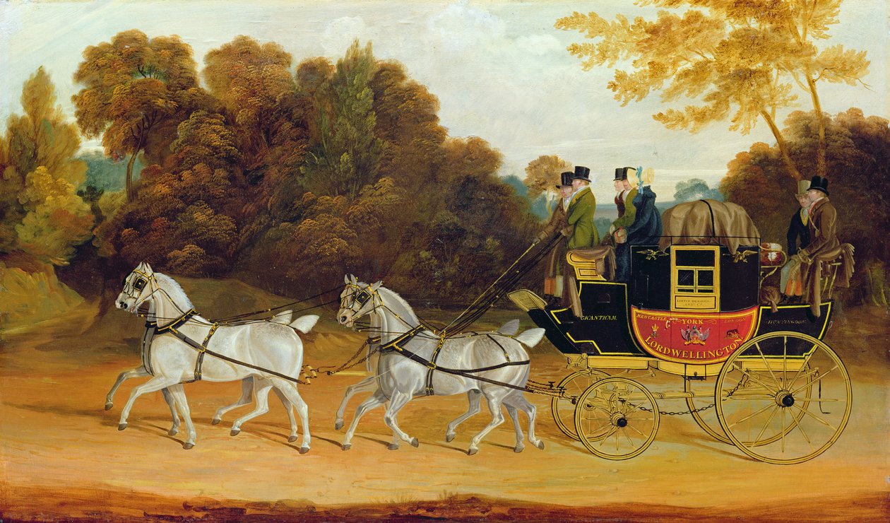 "The Wellington Coach" (The Newcastle-York-London Mail), ca 1818 (olja på pannå) av John Cordrey