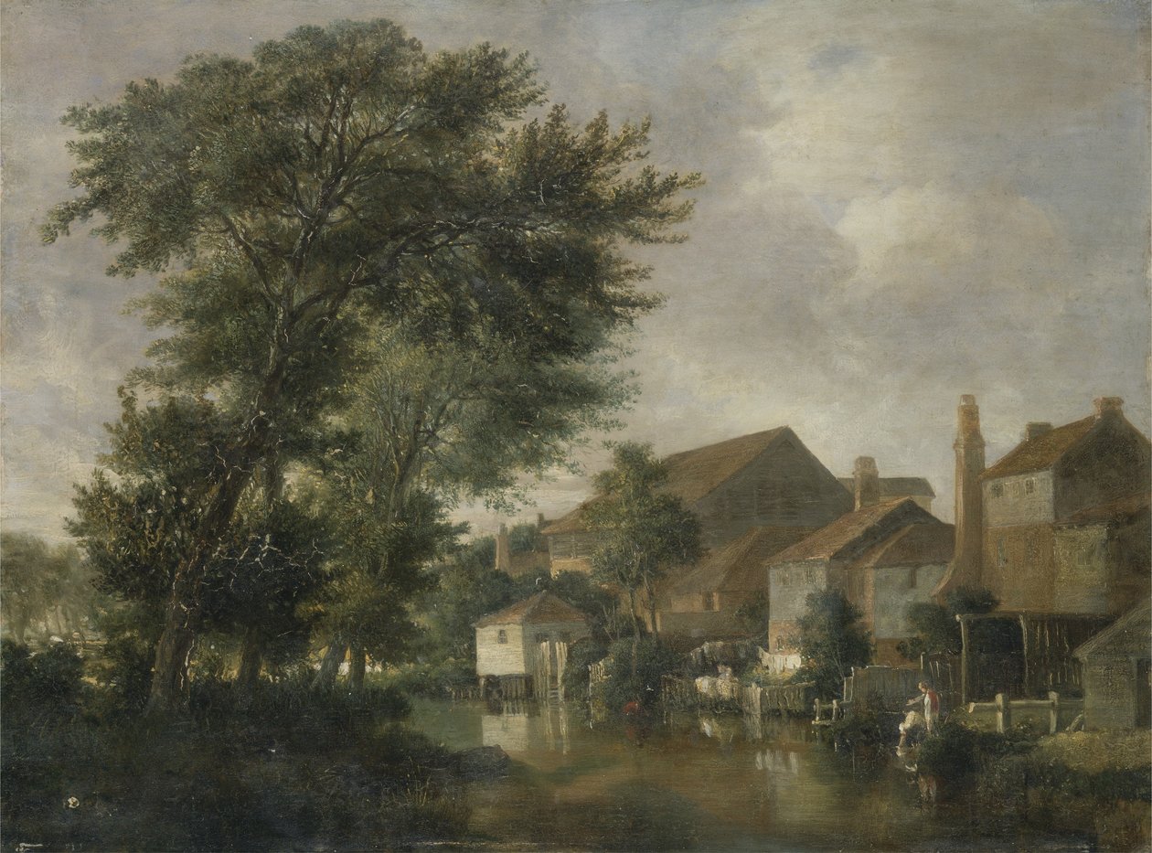 A River Scene, möjligen i Norwich, ca 1817 (olja på panel) av John Crome
