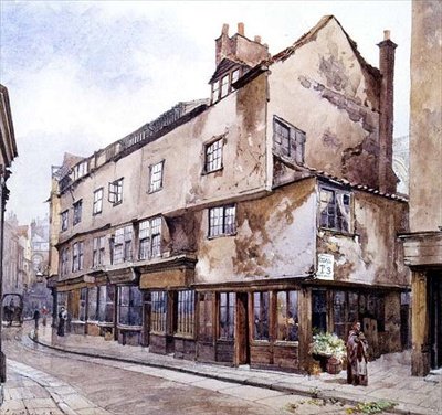 Cloth Fair, Smithfield, med blomstersäljare, februari 1884 (akvarell) av John Crowther