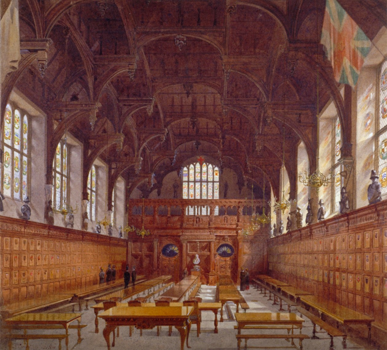 Interiörvy av Middle Temple Hall från högbordet med figurer, London, 1884 av John Crowther